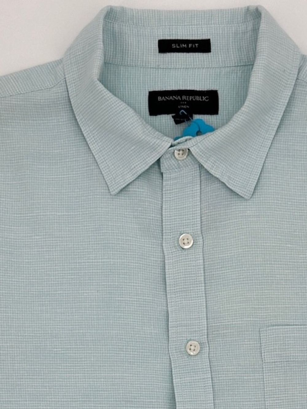 Banana Republic Linen Blend Slim Fit Short Sleeve Button Front Shirt Large Aqua